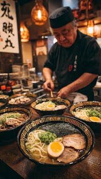 Experienced chef preparing ramen dishes with rich broth and fresh toppings in a cozy Japanese restaurant.
