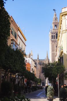 Charming street view of Seville showcasing La Giralda under a clear blue sky.