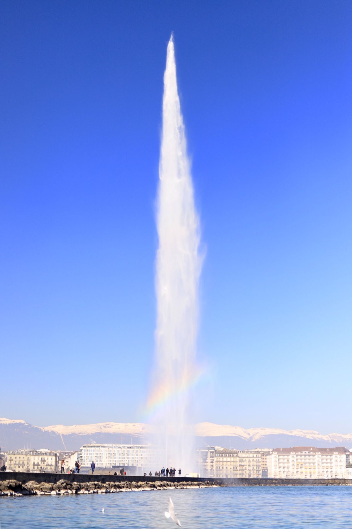 The Jet d'Eau on Lake Geneva with a rainbow in its spray