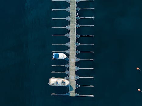 Stunning aerial shot of a marina in Jönköping, Sweden with boats docked on a calm blue water.