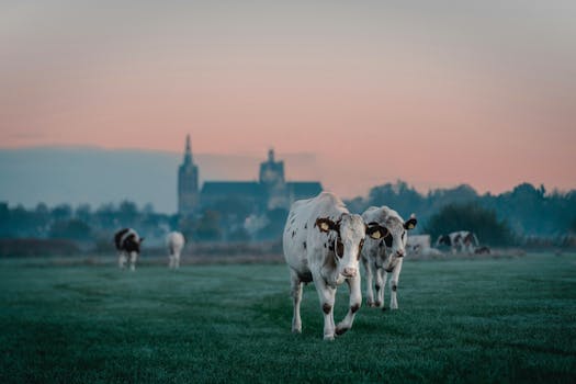 Cows grazing in a serene field with a distant church at sunrise.