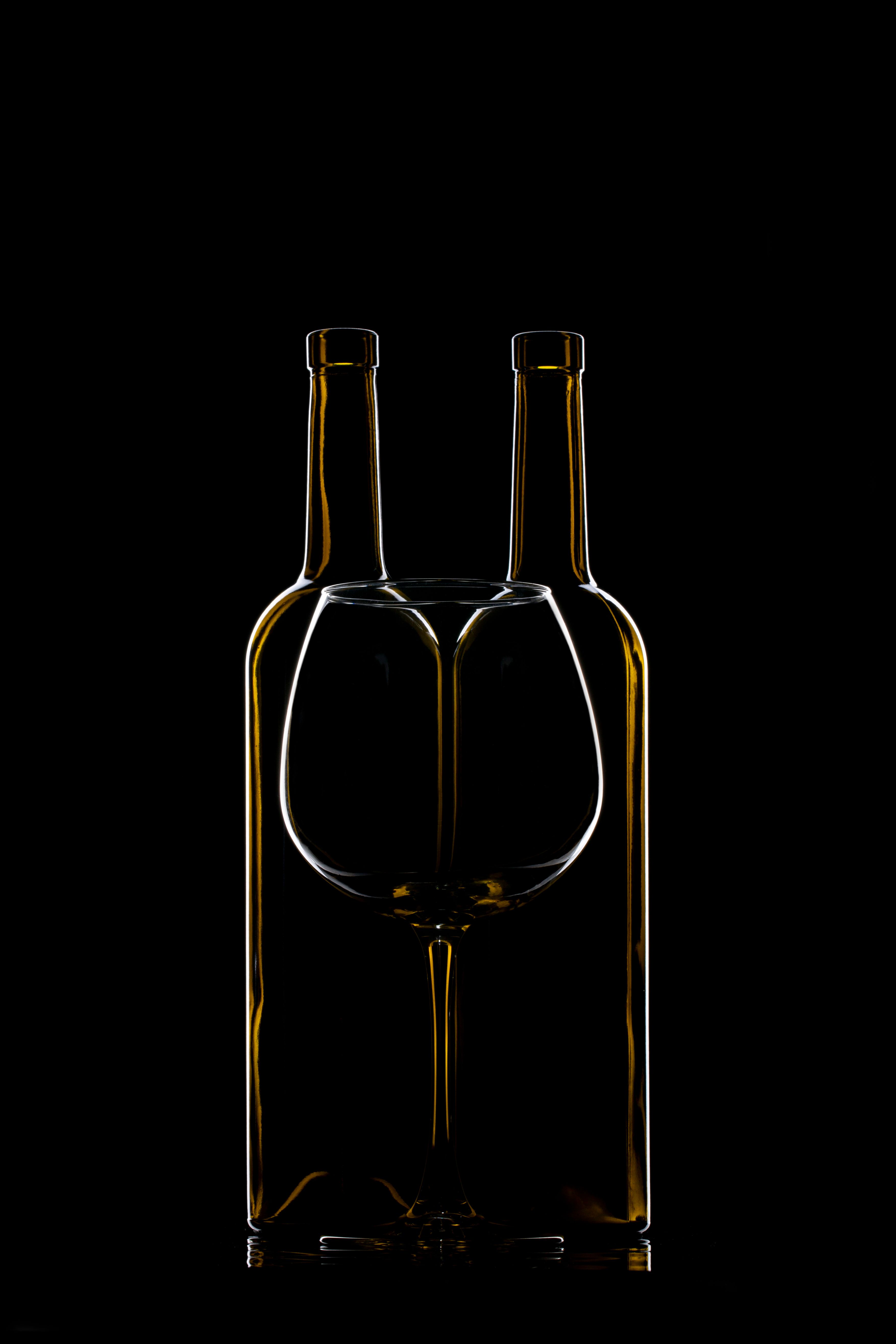 The silhouettes of two wine glasses against black
