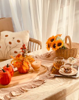 Warm autumn-themed tea setup with sunflowers and pumpkins, ideal for fall vibes.