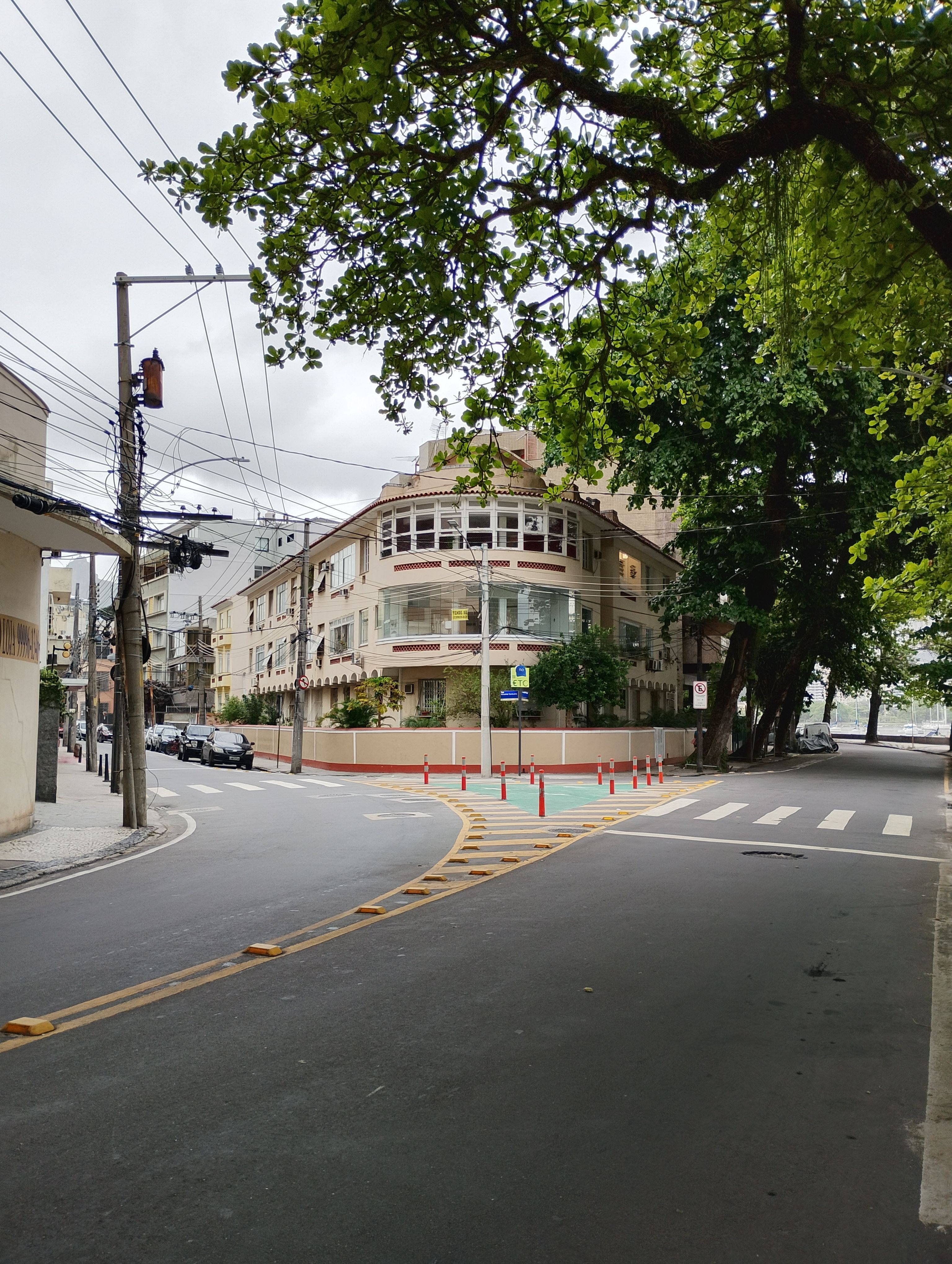 Peaceful city street showcasing classic architecture with lush greenery on a cloudy day.