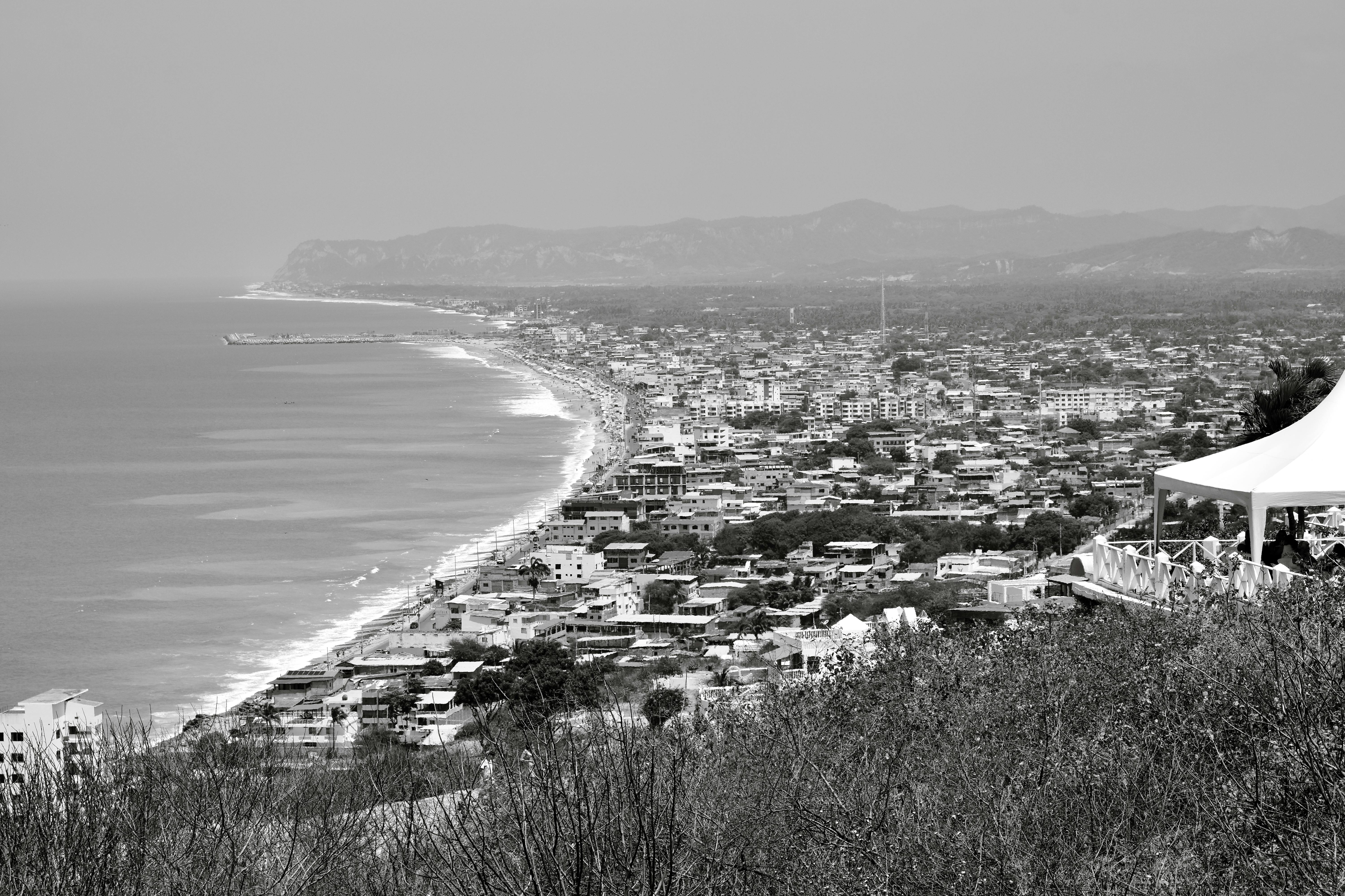 Explore a breathtaking black and white view of Ecuador's vibrant coastline and bustling cityscape.