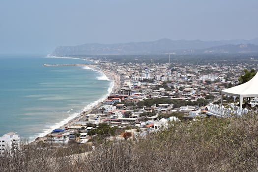 Stunning aerial view of Montañita's coastline, showcasing vibrant beach town against the Pacific Ocean.