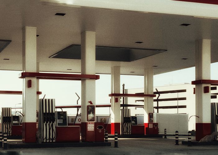 Modern gas station with fuel pumps