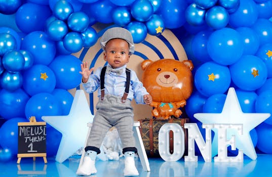 Charming first birthday portrait with blue balloon decor and teddy bear theme.