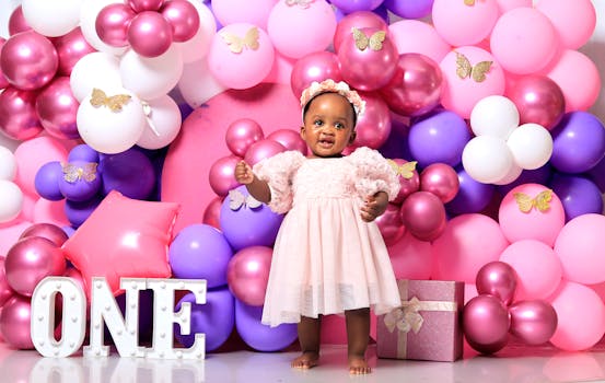 A joyful baby girl celebrates her first birthday with colorful balloons and decorations.