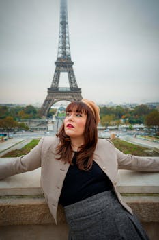 Woman in autumn fashion posing at Eiffel Tower, Paris with fall foliage.