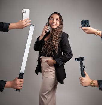 Businesswoman using tech gadgets for productivity and communication. Modern office setting.