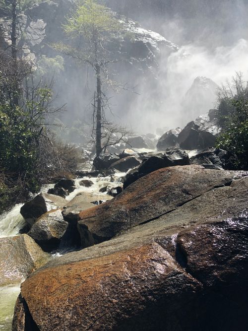 Free Captivating waterfall rocks and mist in Yosemite National Park, California. Stock Photo