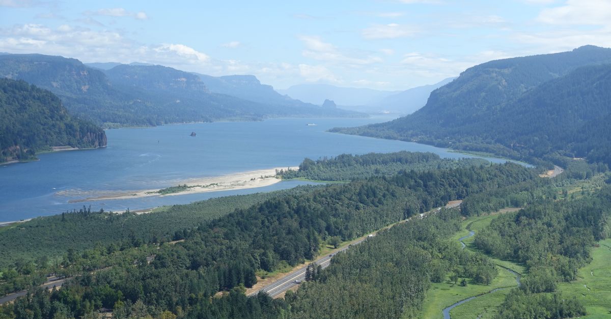 Breathtaking aerial view of the lush Columbia River Gorge landscape under clear skies.