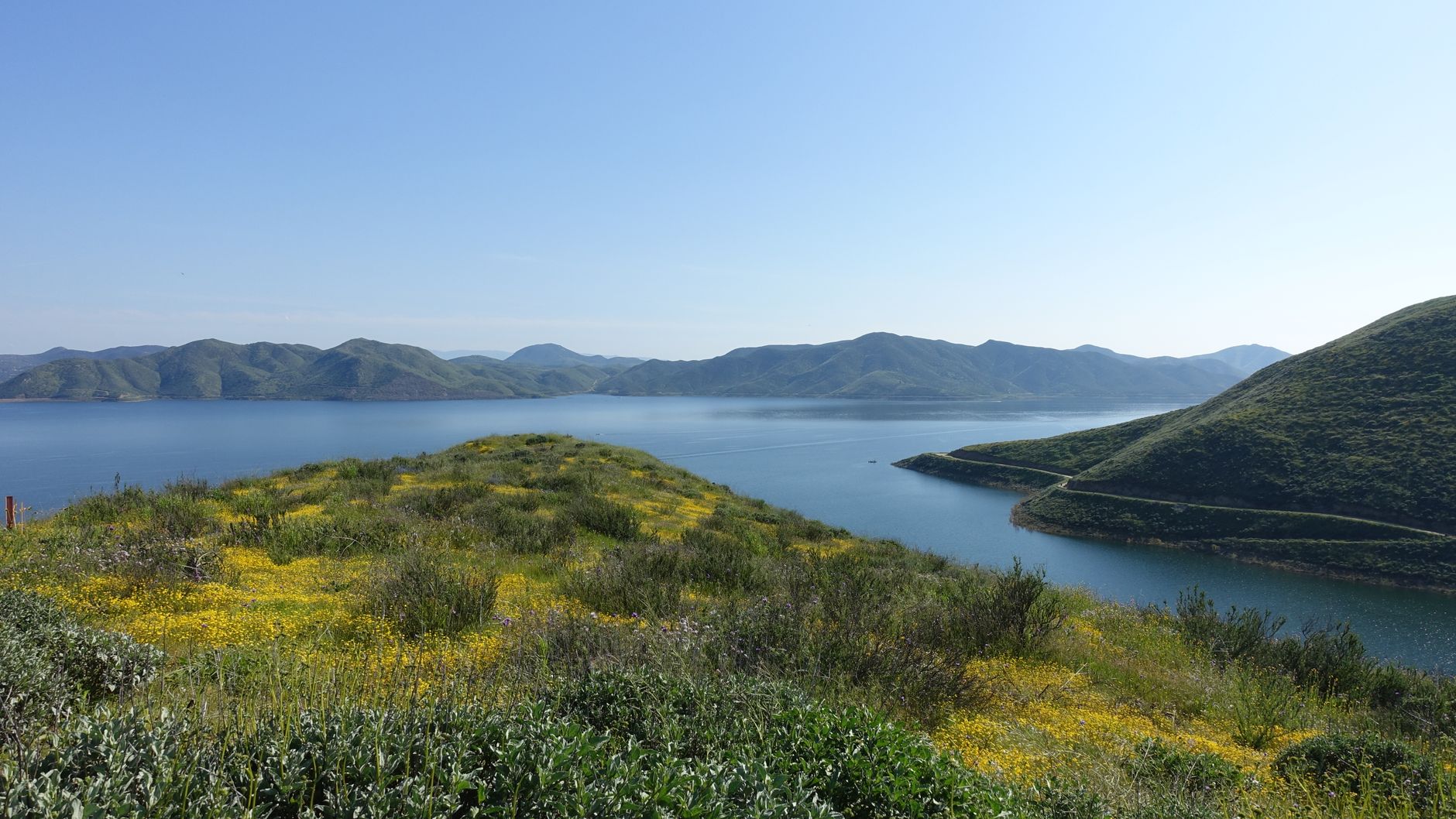 Peaceful lake surrounded by hills and wildflowers under a clear blue sky.