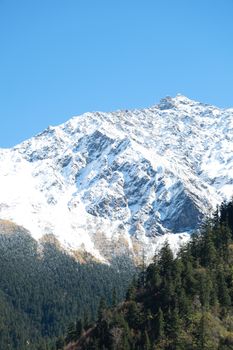 A stunning view of a snow-capped mountain range under a clear blue sky.