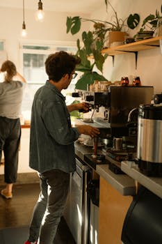 A barista making coffee in a cozy cafe with natural lighting and plants.