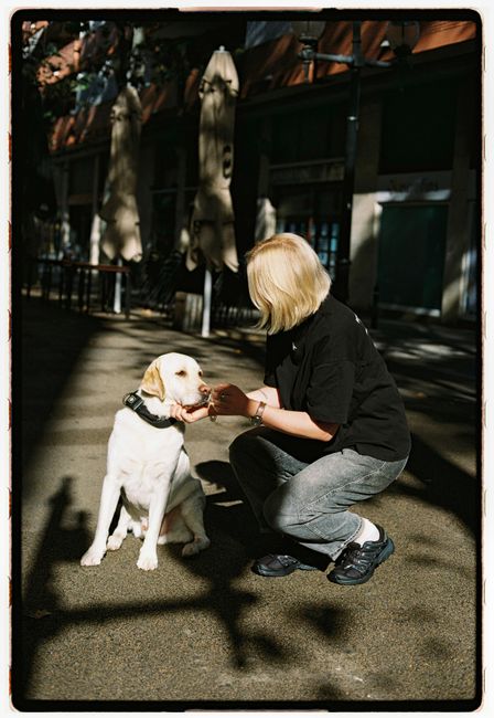 A woman with blonde hair petting a Labrador Retriever on a sunny city street.