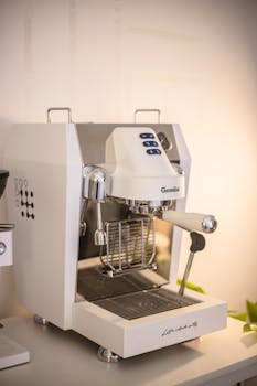 Modern white espresso machine on kitchen counter, offering a sleek coffee-making solution.