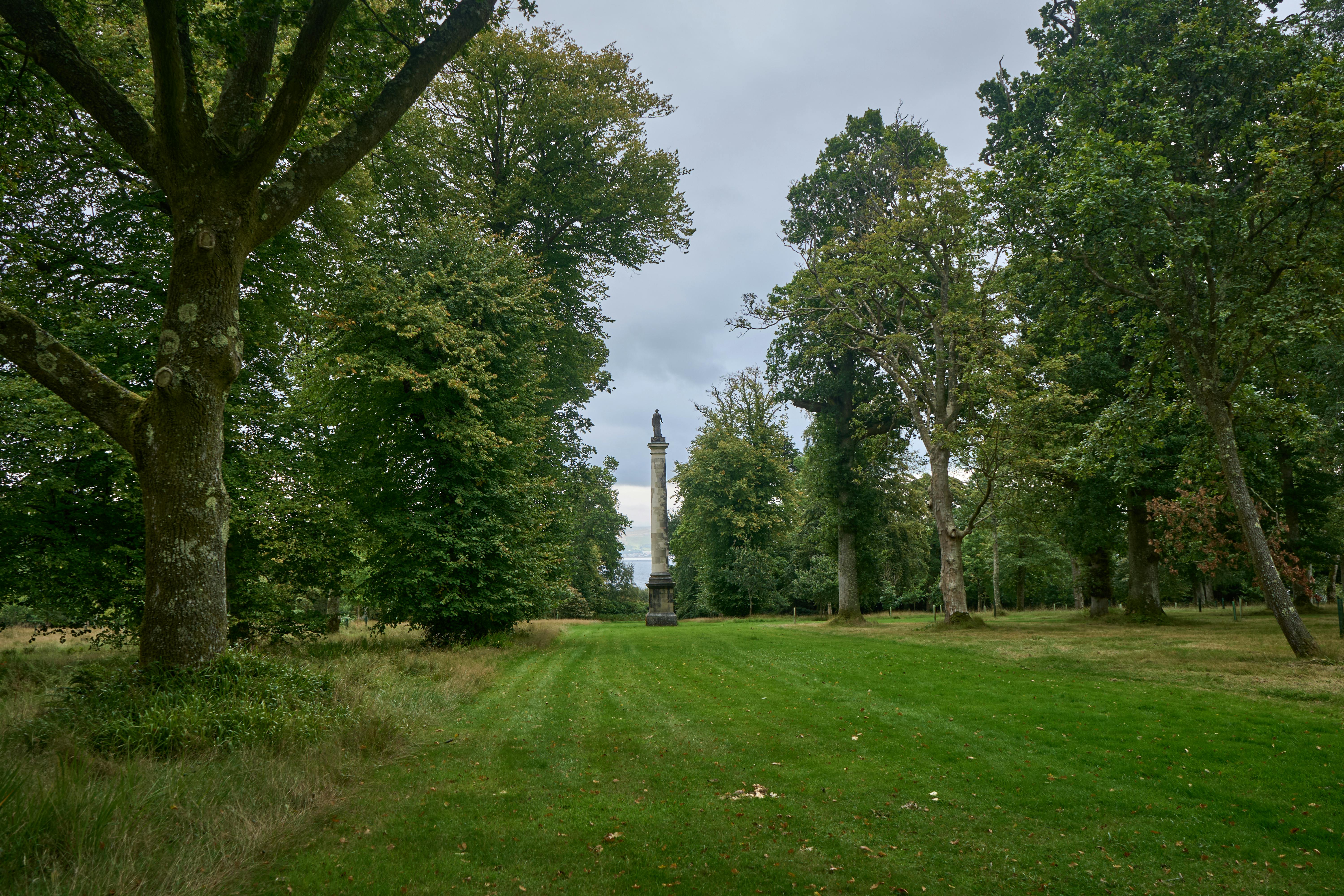 Scenic view of a lush woodland path leading to a distant monument