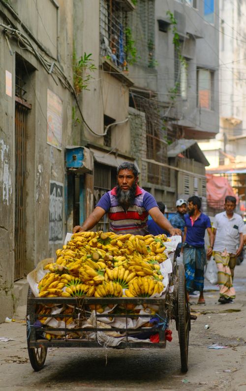 Free A street vendor pushes a cart full of bananas in a Dhaka alleyway Stock Photo