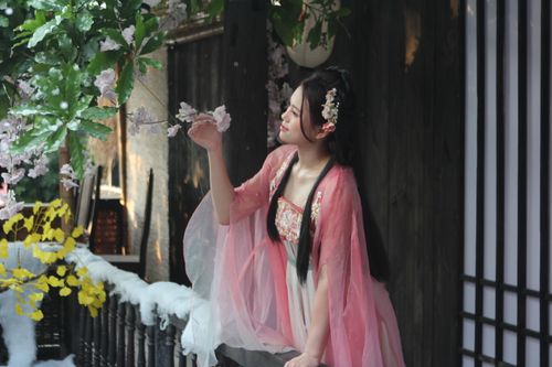 Free Beautiful woman in traditional attire admires blossoming flowers in a serene outdoor setting. Stock Photo