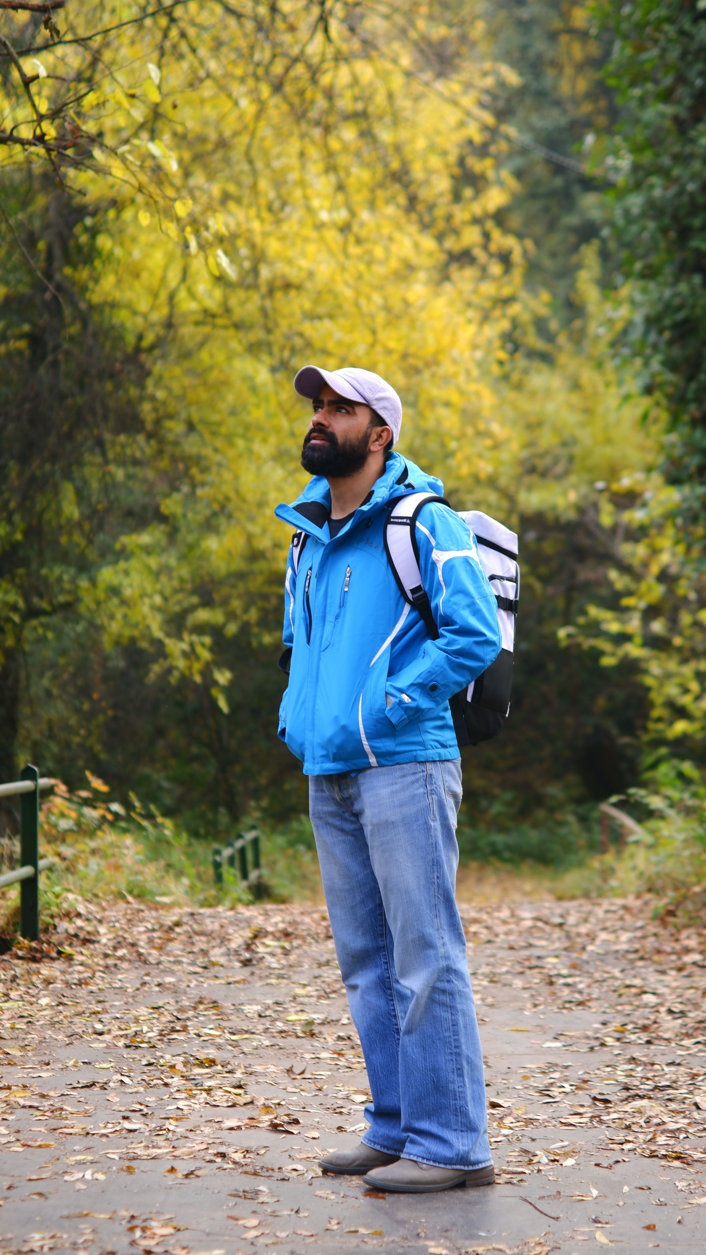 Hiker with a backpack exploring an autumn forest trail