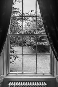A serene black and white view through a window showcasing a lush garden in Scotland.