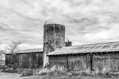 Free Black and white photo of a rustic barn with silo in Muncy, Pennsylvania, depicting rural charm. Stock Photo