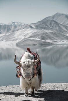 A decorated white yak stands by the tranquil lake with snow-capped mountains in Altai region, Xinjiang, China.