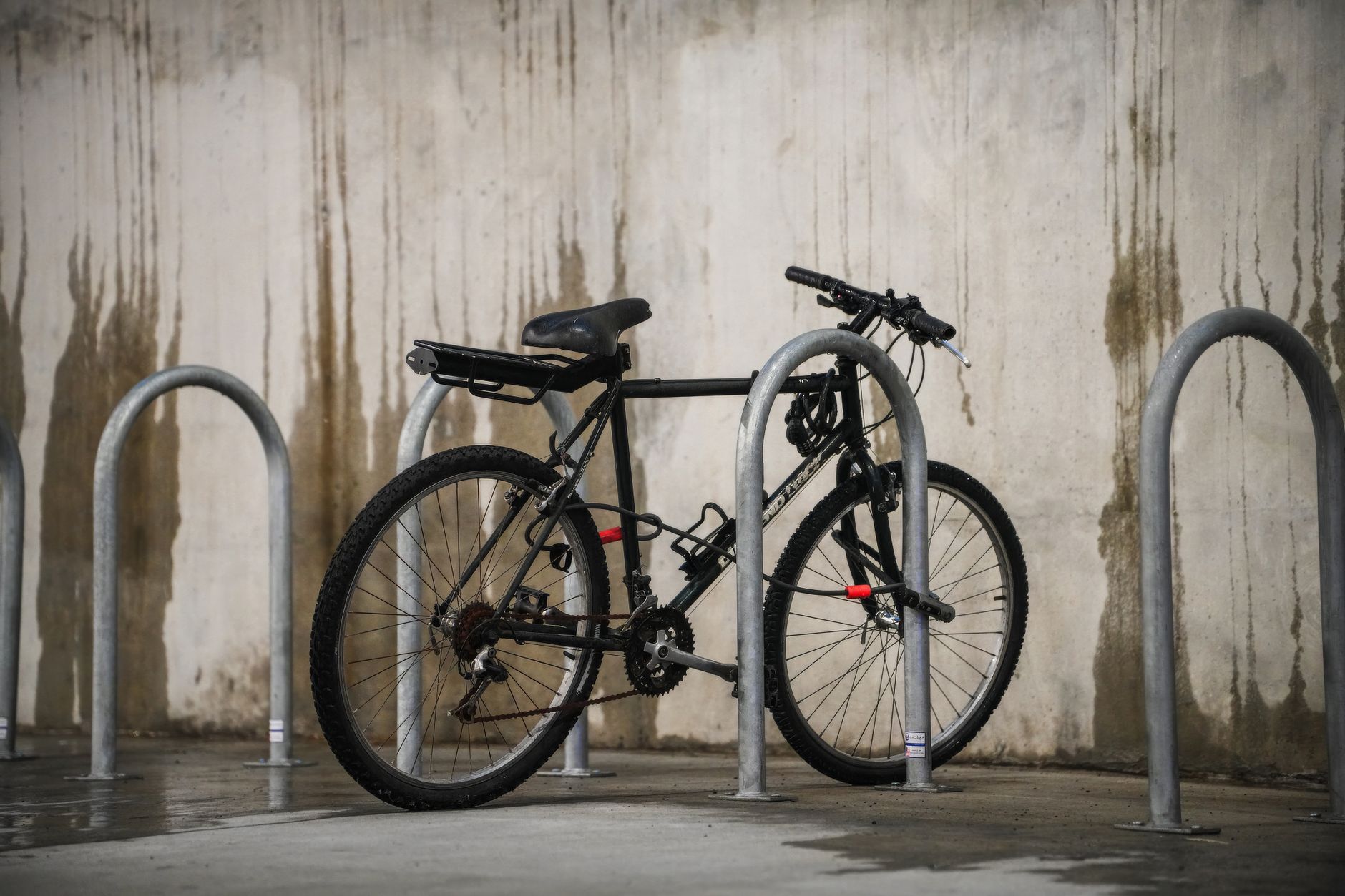 E-bike accessories at an urban bike rack