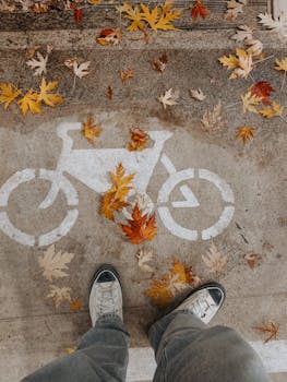 Feet in sneakers stand on fall leaves over a bicycle lane symbol.