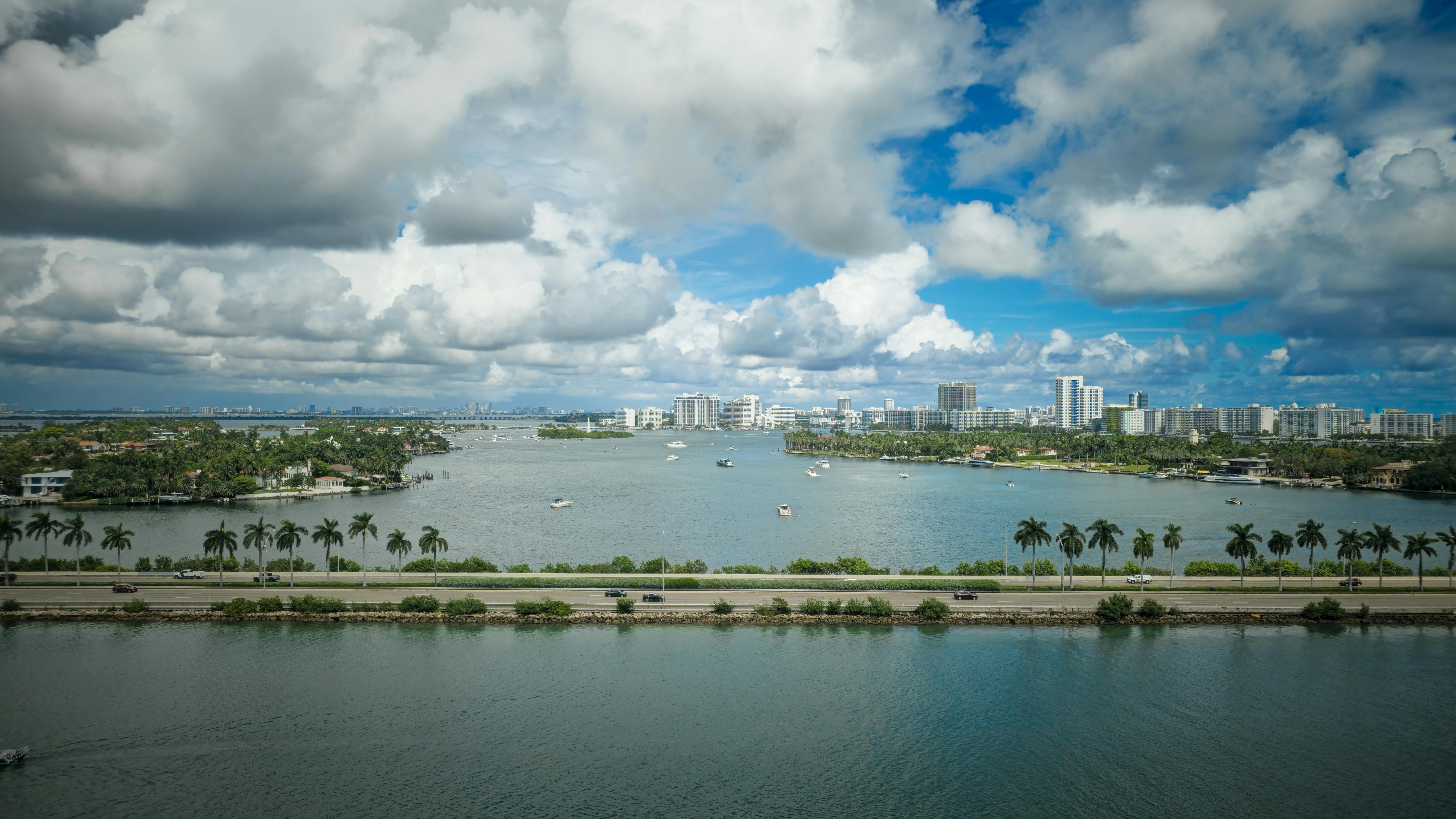A picturesque view of Miami skyline with palm trees and a serene ocean under a cloudy sky.
