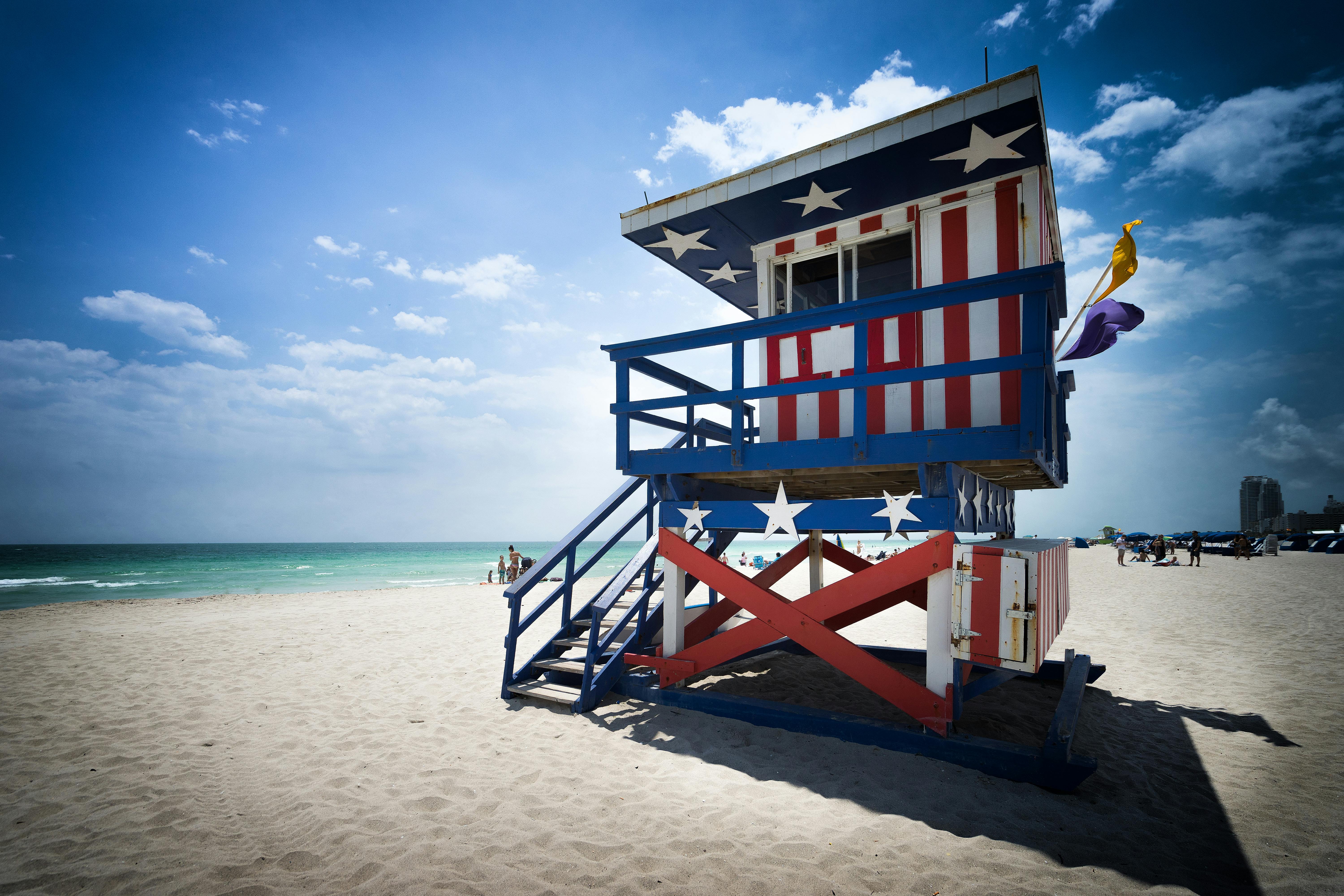 Colorful lifeguard tower and pastel skies at Miami Beach