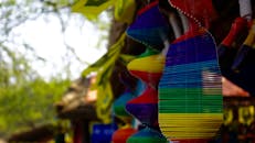 郁郁葱葱的绿色花园中，挂着一串充满活力的彩虹风铃，增添了装饰魅力