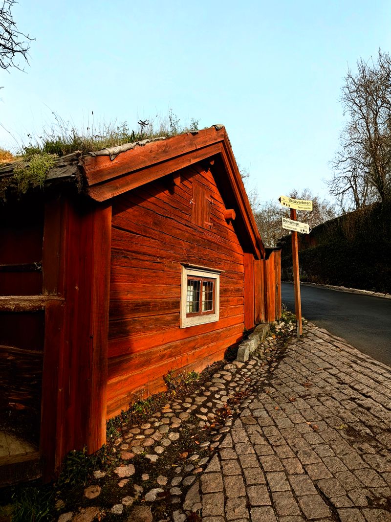 Red wooden house at the Skansen open-air museum in Stockholm