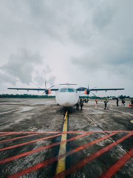Wide angle view of passenger plane on tarmac with crew nearby under overcast sky.