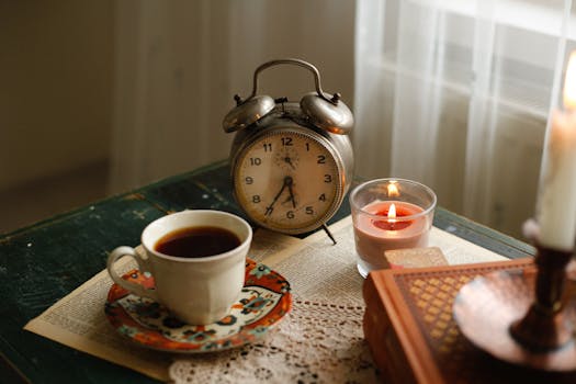 Warm and cozy vintage setup with tea, candle, and a vintage clock, perfect for serene mornings.