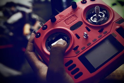 A person operating a red remote control for a drone, close-up view.