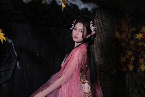 Free A woman in traditional Hanfu dress stands gracefully with autumn leaves in the background. Stock Photo