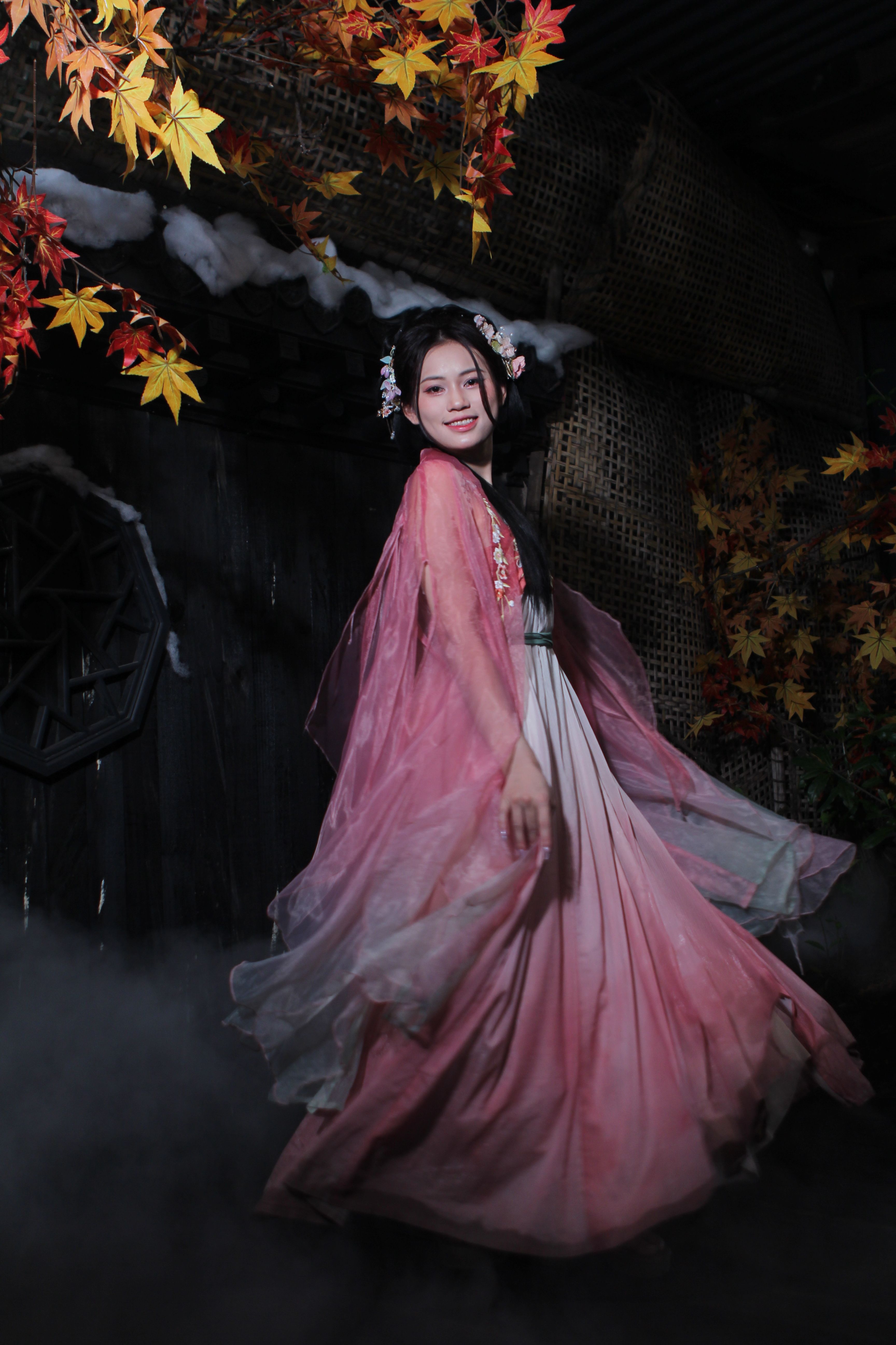 Elegant Woman in Traditional Dress with Autumn Leaves · Free Stock Photo