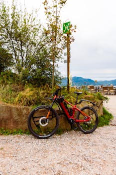 Red mountain bike on a gravel trail in Baden-Württemberg, Germany, near scenic lookout.