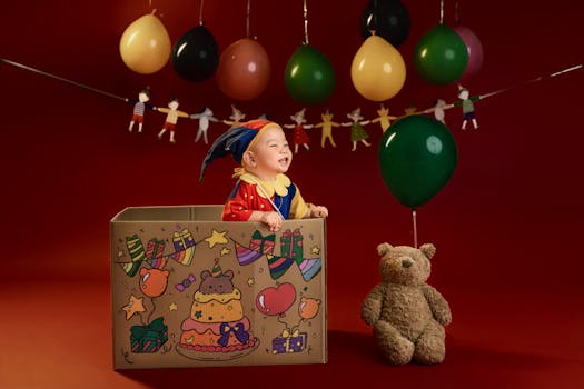 Adorable baby in a party box with colorful balloons, teddy bear, and festive backdrop.