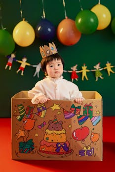 Child enjoying a colorful birthday celebration with balloons and decorations.