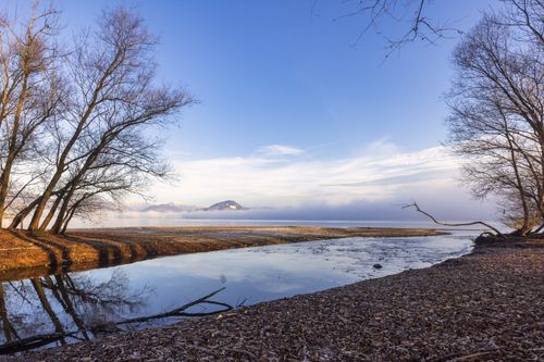 Free A peaceful winter scene featuring bare trees, a calm lake, and distant hills under a clear sky. Stock Photo