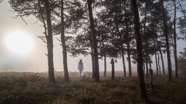 A woman in a white dress walks through a misty forest at sunrise, evoking an ethereal and mysterious atmosphere.