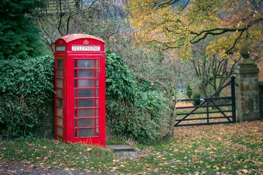Iconic red telephone box surrounded by autumn foliage in a tranquil countryside setting.