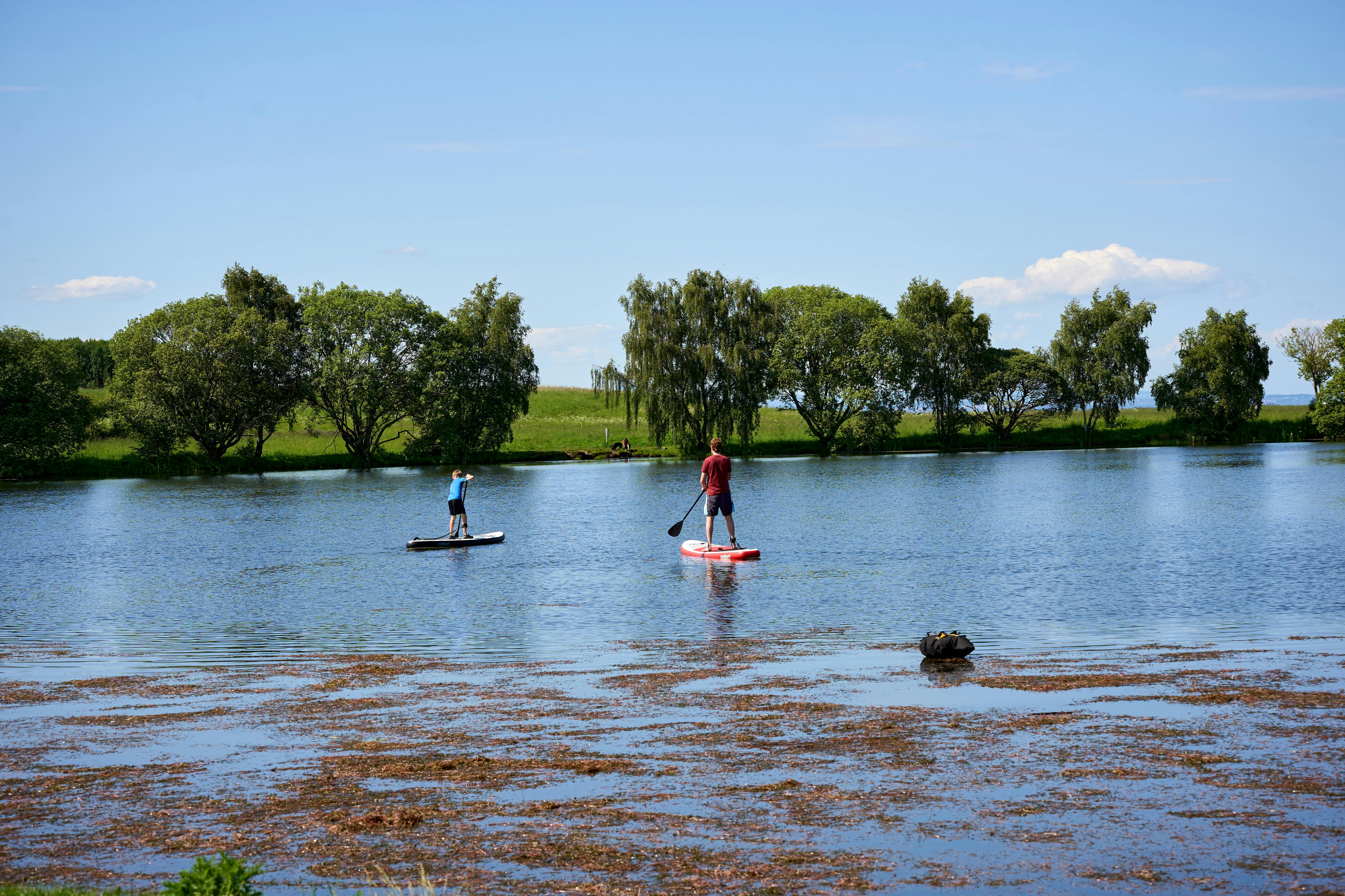 Stand up paddleboarding auf einem landschaftlich schönen See