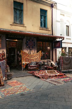 Vibrant outdoor display of traditional carpets in Tbilisi's historic district, Georgia.