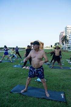 Diverse group practicing yoga outdoors in a sunny park. Health and wellness lifestyle.