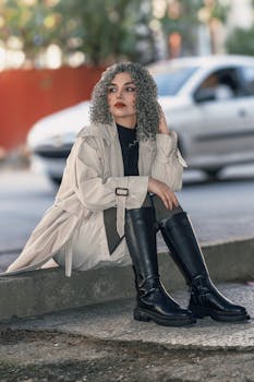 Fashion-forward woman with curly hair poses stylishly in an urban environment.